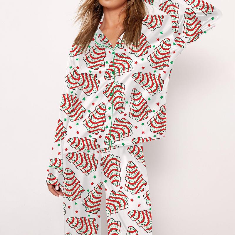 Christmas Tree Cakes Pajama Set For Women Print Comfy Satin Sleepwear & Loungewear Pjs Printing Silky Set - Bottoms Without Pockets - SHESHOW