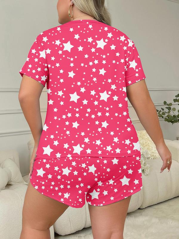 Two-Piece Set Plus Size All Over Star Print Pajama Set, Short Sleeve Round Neck Tee & Elastic Waist Shorts Loungewear Set, Summer Wear 2024, Plus Size Women's Clothing, Women's Pjs Sleepwear