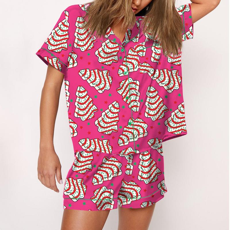 Christmas Tree Cakes Pajama Set For Women Print Comfy Satin Sleepwear & Loungewear Pjs Printing Silky Set - Bottoms Without Pockets - SHESHOW
