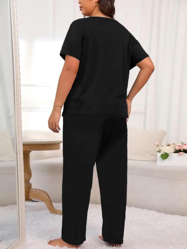  Letter Print Tee & Elastic Waist Pants Loungewear Two-piece Set, Casual Comfy Round Neck Short Sleeve T-shirt & Trousers Loungewear Set, Women's Loungewear for All Seasons