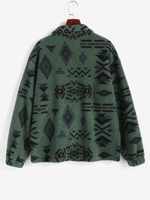 Women's Tribal Print Drop Shoulder Pocket Zipper Plush Sweatshirt, Casual Long Sleeve Collared Teddy Top for Fall & Winter, Women's Clothes for Daily Wear, Fall Outfits 2024