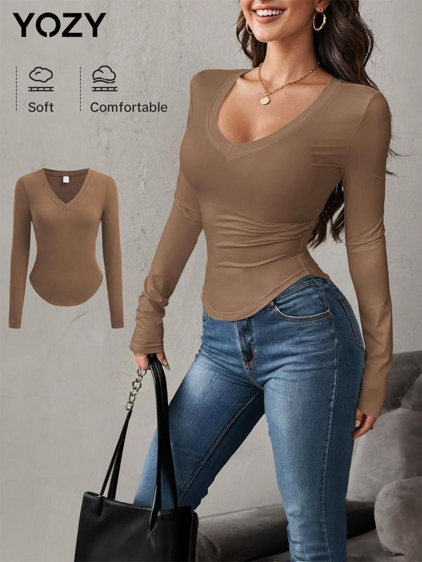 YOZY Women's Plain V Neck Long Sleeve Tee, Casual Solid T-shirt for Spring & Fall, Women's Top for Daily Wear