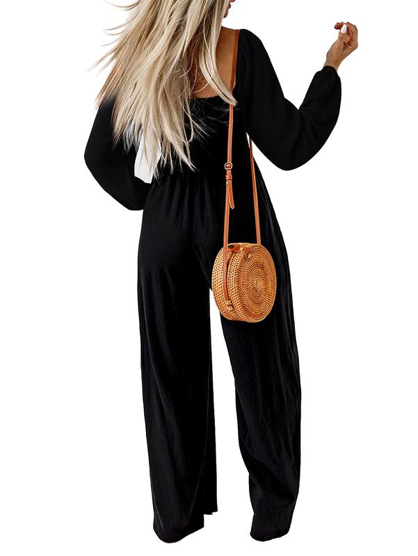 AUXDIO Womens Casual Square Neck Long Sleeve Jumpsuits Loose Smocked Wide Leg Romper with Pockets Women's Long