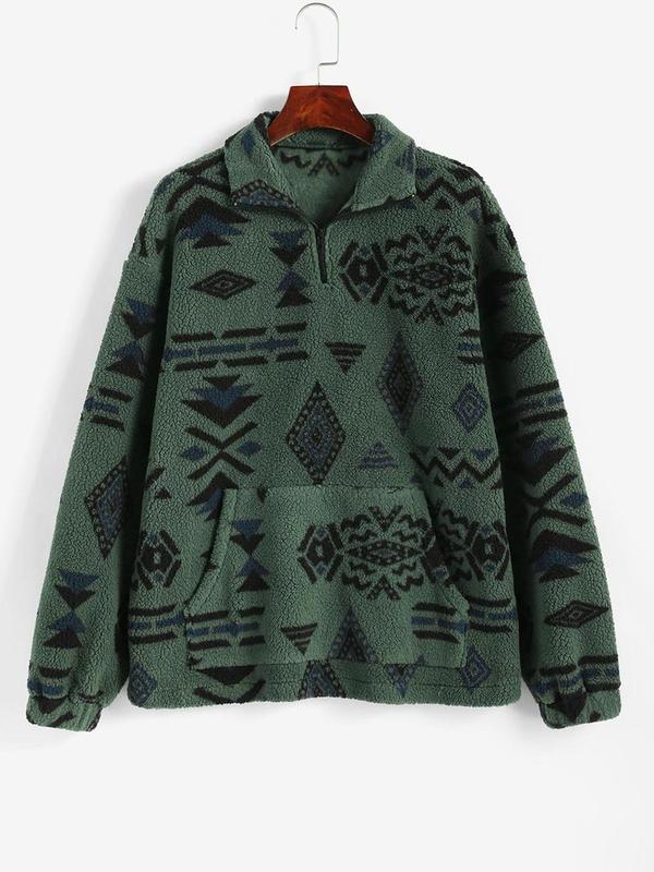 Women's Tribal Print Drop Shoulder Pocket Zipper Plush Sweatshirt, Casual Long Sleeve Collared Teddy Top for Fall & Winter, Women's Clothes for Daily Wear, Fall Outfits 2024