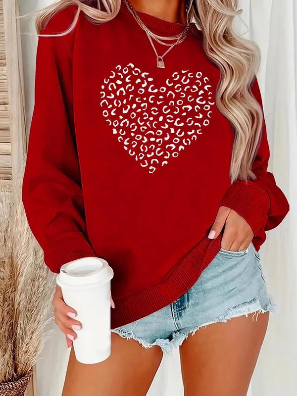 Women's Heart & Leopard Print Drop Shoulder Crewneck Sweatshirt, Comfort Casual Longsleeves Round Neck Pullover for Lady Fall & Winter, Gifts for Girlfriends, Womenswear