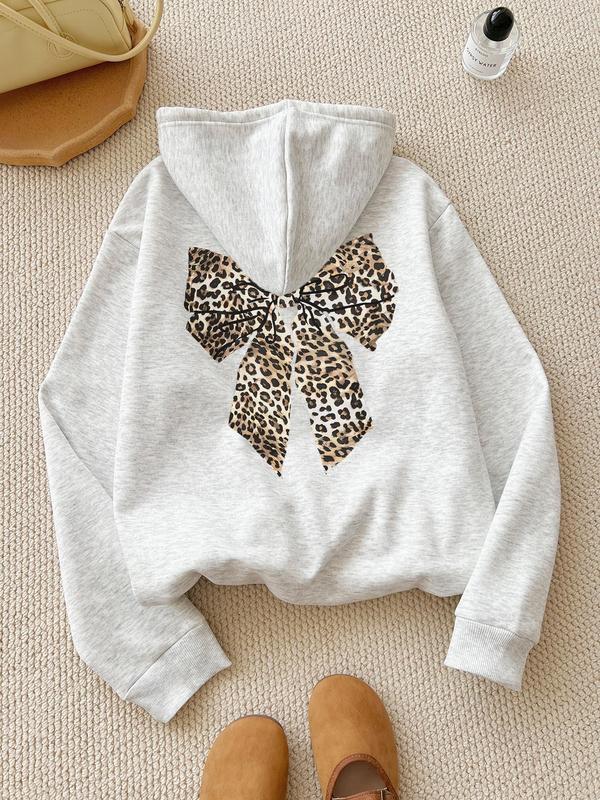 Women's Leopard Bow Print Hoodie, Casual Long Sleeve Hooded Sweatshirt for Fall & Winter, Women's Clothes for Daily Wear