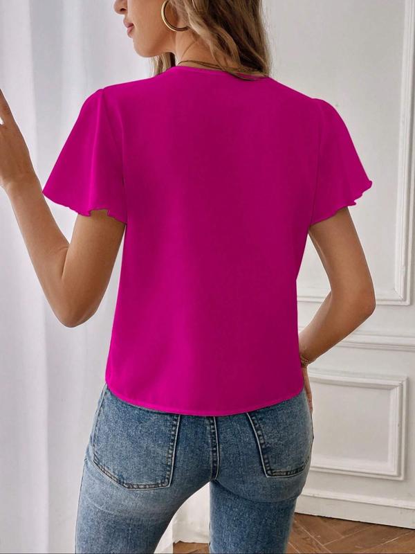Women's Plain Notched Neck Blouse, Elegant Butterfly Sleeve Top for Summer, Ladies Clothes for Daily Wear