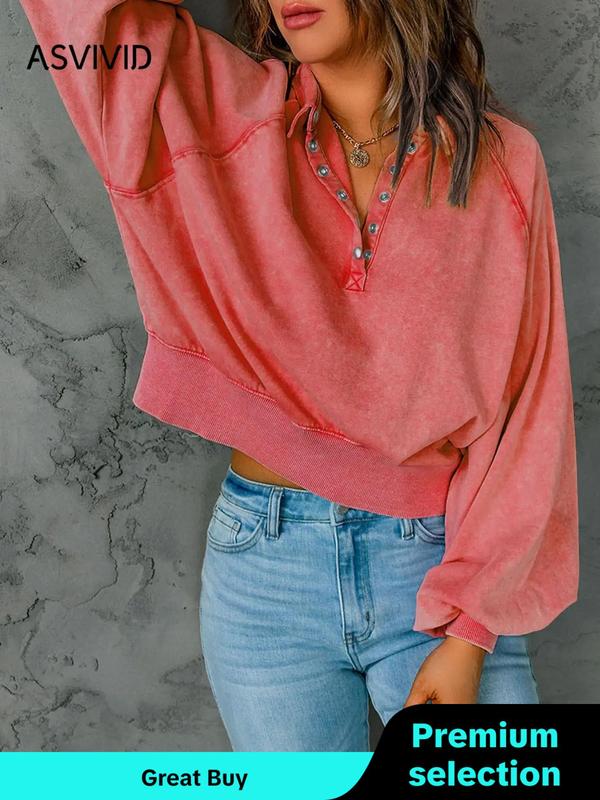 Women's Button Front Raglan Sleeve Sweatshirt, Casual Plain Long Sleeve Collared Pullover, Fall Clothes, Ladies' Clothes for Fall & Winter, Fall Outfits, Fallfreshness, Downtown Girl Clothes