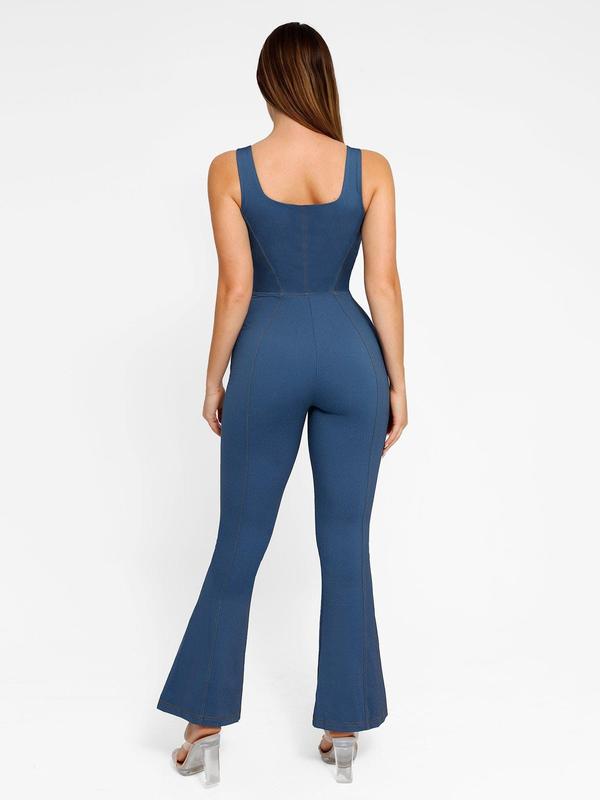 Popilush The Shapewear Denim Square Neck Tank Top Flare Jumpsuits Womenswear Comfortable Fabric