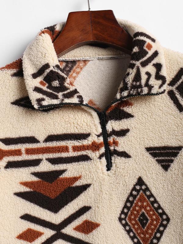 Women's Tribal Print Drop Shoulder Pocket Zipper Plush Sweatshirt, Casual Long Sleeve Collared Teddy Top for Fall & Winter, Women's Clothes for Daily Wear, Fall Outfits 2024