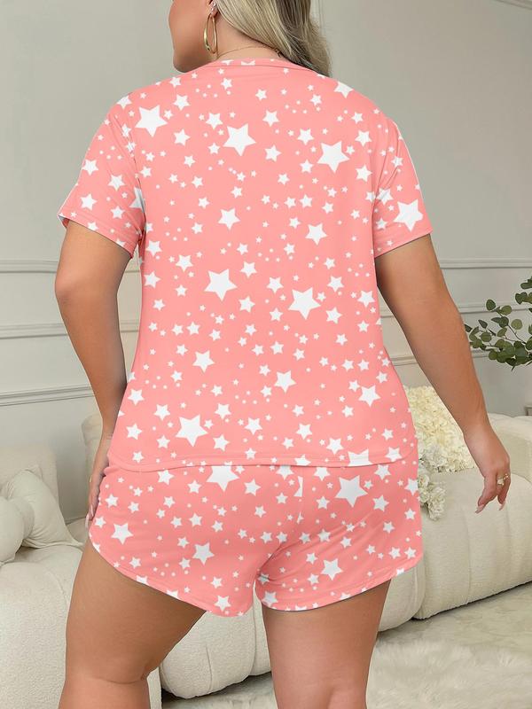 Two-Piece Set Plus Size All Over Star Print Pajama Set, Short Sleeve Round Neck Tee & Elastic Waist Shorts Loungewear Set, Summer Wear 2024, Plus Size Women's Clothing, Women's Pjs Sleepwear
