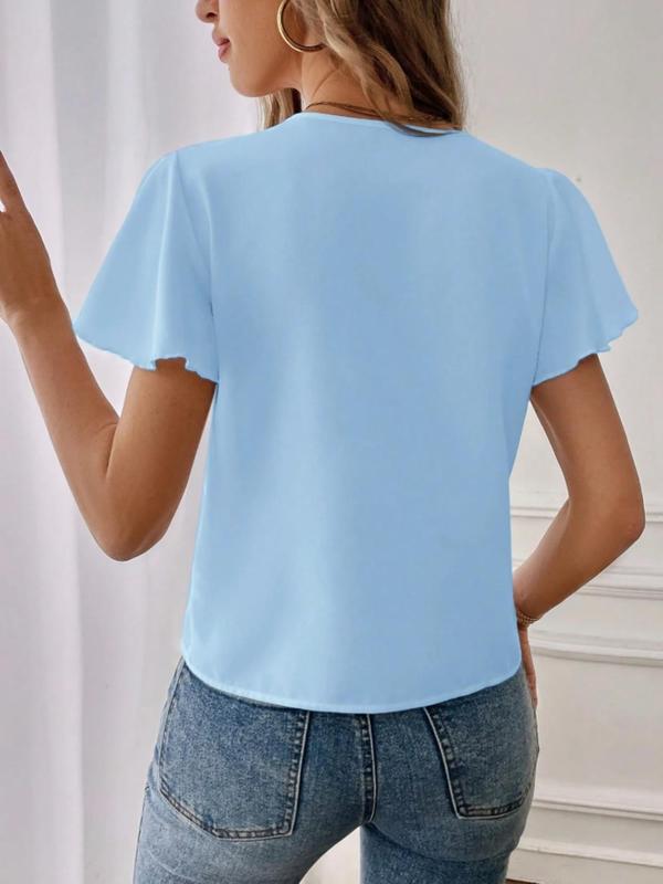 Women's Plain Notched Neck Blouse, Elegant Butterfly Sleeve Top for Summer, Ladies Clothes for Daily Wear