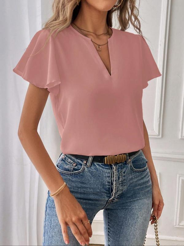 Women's Plain Notched Neck Blouse, Elegant Butterfly Sleeve Top for Summer, Ladies Clothes for Daily Wear