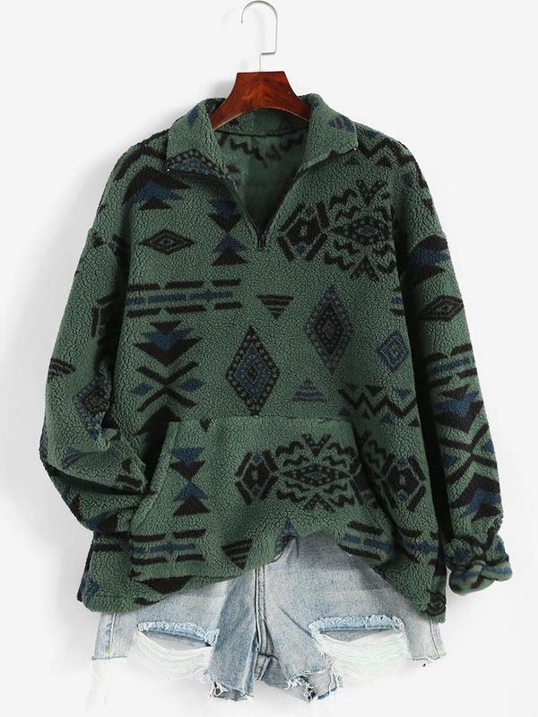 Women's Tribal Print Drop Shoulder Pocket Zipper Plush Sweatshirt, Casual Long Sleeve Collared Teddy Top for Fall & Winter, Women's Clothes for Daily Wear, Fall Outfits 2024