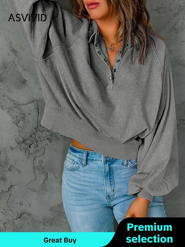 Women's Button Front Raglan Sleeve Sweatshirt, Casual Plain Long Sleeve Collared Pullover, Fall Clothes, Ladies' Clothes for Fall & Winter, Fall Outfits, Fallfreshness, Downtown Girl Clothes