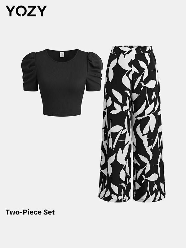 YOZY Christmas Deals, Puff Sleeve Ribbed Crop Top & All Over Print Wide Leg Pants Set  Elegant Round Neck Short Sleeve Top & Elastic Waist Trousers Set, Christmas 2024 Trend, Fall & Winter Outfits