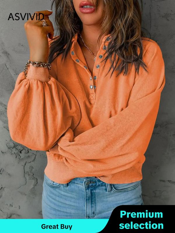 Women's Button Front Raglan Sleeve Sweatshirt, Casual Plain Long Sleeve Collared Pullover, Fall Clothes, Ladies' Clothes for Fall & Winter, Fall Outfits, Fallfreshness, Downtown Girl Clothes