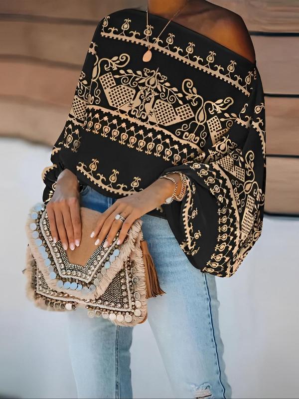 Women's Ethnic Pattern Off Shoulder Tee, Boho Bishop Sleeve Top for Daily Holiday Vacation Wear, T Shirts for Women, Ladies Clothes for All Seasons