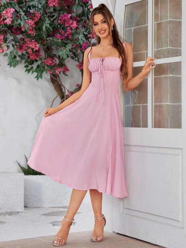 Women's Plain Lace Up Ruched Split Thigh Tie Front Milkmaid Dress, Summer Outfits 2024, Elegant Square Neck Midi Dress for Party Holiday, Dresses for Women, Ladies Summer Clothes Frenchy Style Non Bodycon Dress Christmas, Stockholm Style Black Girl