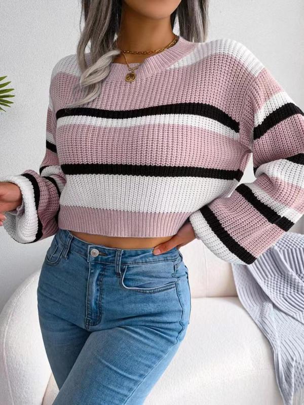 Women's Striped Lantern Sleeve Crewneck Crop Knitting Sweater, Casual Comfort Lady Long Sleeve Round Neck Drop Shoulder Jumper Pullover Tops for Autumn Fall, Sweaters for Women, Ladies Knitwear Clothes, Womenswear, Downtown Girl Clothes