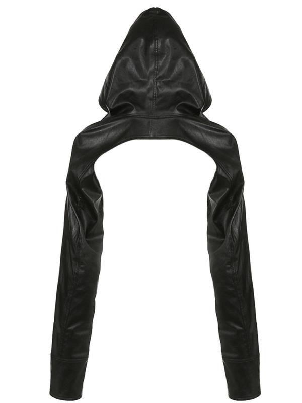 Women's Solid Color Drop Shoulder Hooded Faux Leather Super Crop Jacket, Street Fashion Long Sleeve Outerwear for Daily Wear, Ladies Clothes for Fall & Winter