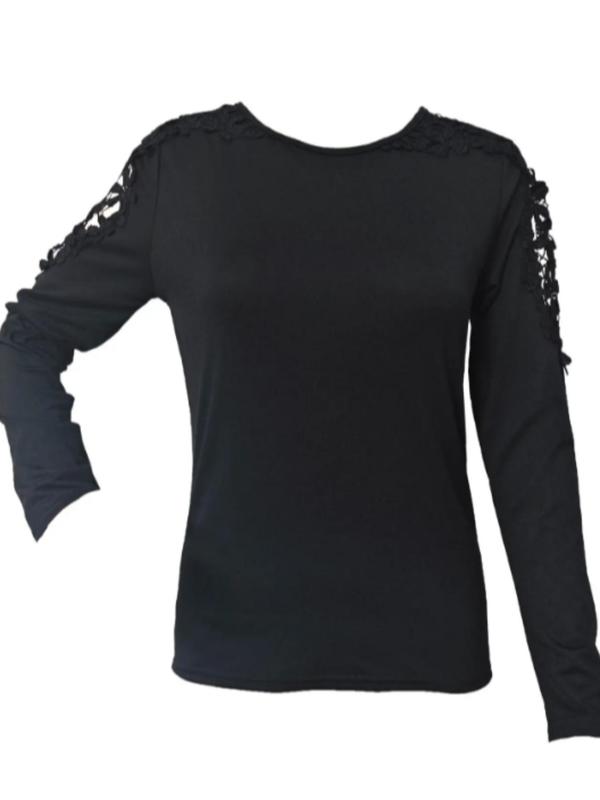 Women's Plain Hollow Out Flower Decor Regular Sleeve Tee, Elegant Long Sleeve Round Neck Top for Spring & Fall, Ladies Clothes for Daily Wear