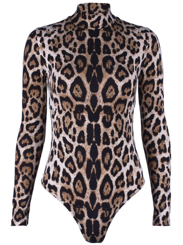 Women's Leopard Print Snap Button Bodysuit, Casual Long Sleeve Mock Neck Bodysuit, Ladies Spring & Fall Clothes for Daily Wear
