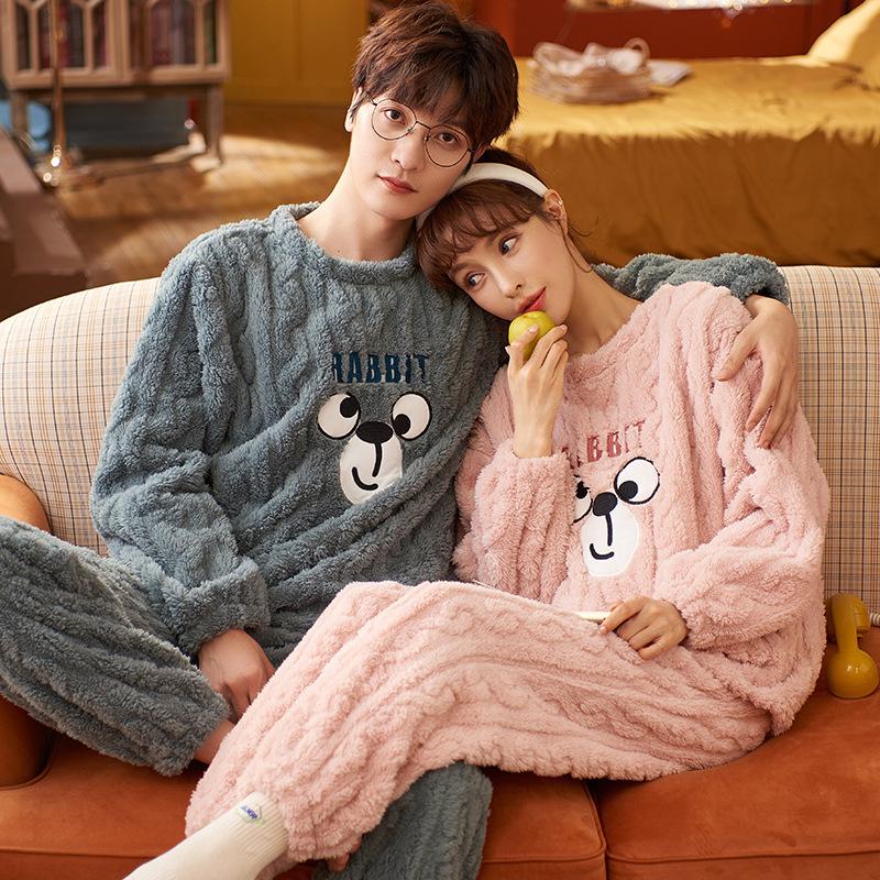 Couple's Blue Velvet Pajamas Winter Thickening Cartoon Men's and Women's Warm and Cute Coral Velvet Home Wear Autumn