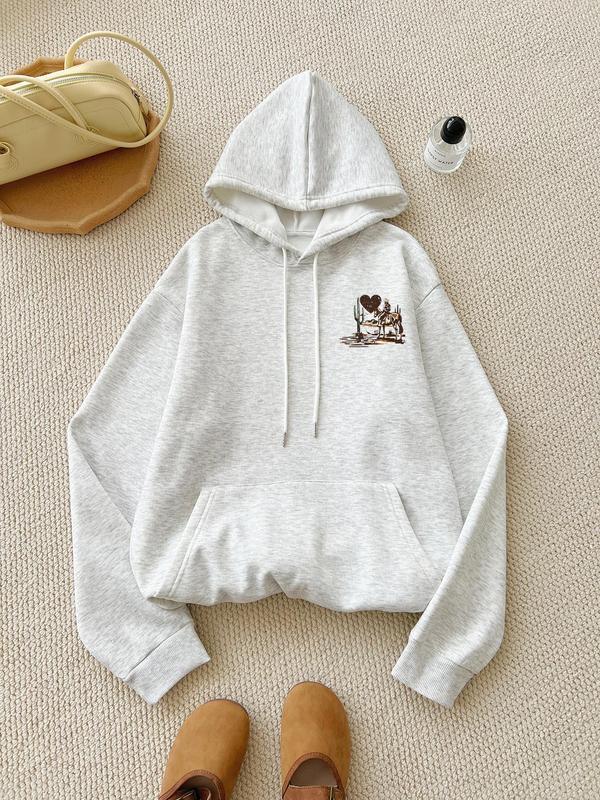 Women's Graphic & Letter Print Drop Shoulder Thermal Lined Hoodie, Fashion Casual Drawstring Pocket Hooded Sweatshirt for Daily Holiday Outdoor Wear, Women Clothing for Fall & Winter