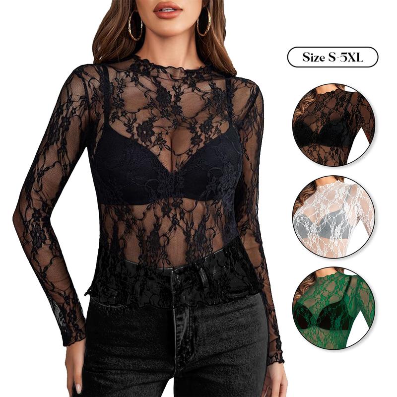 Women's Layering Mesh Top Long Sleeve Mock Neck Sheer Blouse Plus Size See Through Floral 90's Western Grunge Look Lace Tops for Daily Outdoor Wear, Women's Clothing for All Season,S-5XL