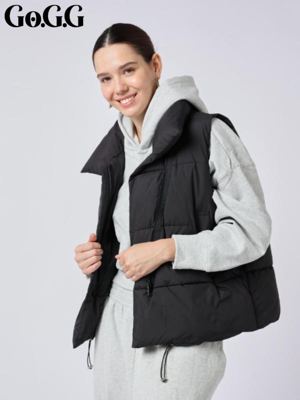 Women's Minimalist Basic Solid Zip Up Puffer Vest Coat, Lady Casual Comfort Drawstring Pocket Design Gilet Outerwear For Fall & Winter, Women's Clothes For Daily Wear, Womenswear