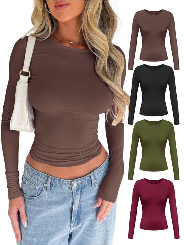 Women's Solid Color Simple Minimalist Long Sleeve Round Neck Tee, Casual Crew Neck T-Shirt for Spring & Fall, Back-to-School Clothing, Fashion Women's Top for Daily Wear, Fall Outfits, Fallfreshness, Downtown Girl Clothes, Going out Tops 2000s