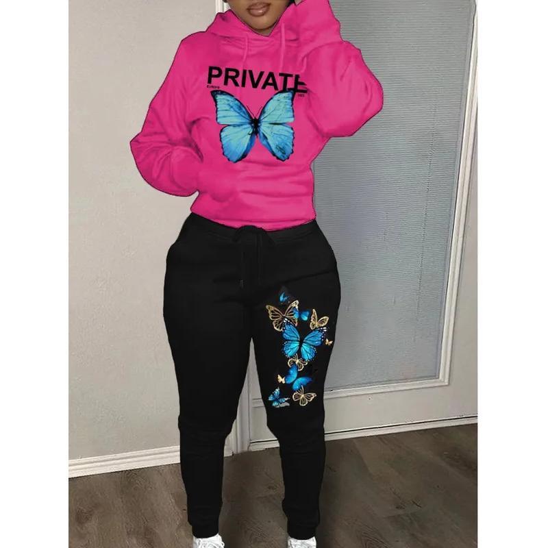 Plus Size Autumn & Winter Letter Print Color Block Hooded Sweatshirt Set Daily Casual Long Sleeve Female Tracksuit Set Womenswear Clothing