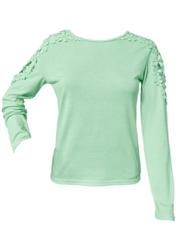 Women's Plain Hollow Out Flower Decor Regular Sleeve Tee, Elegant Long Sleeve Round Neck Top for Spring & Fall, Ladies Clothes for Daily Wear