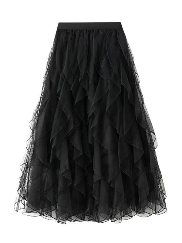 Women's Ruffle Tulle A Line Vintage Skirt, Elegant High Waist Midi Skirt for Party Holiday Wedding Guest, Ladies Bottoms for All Seasons