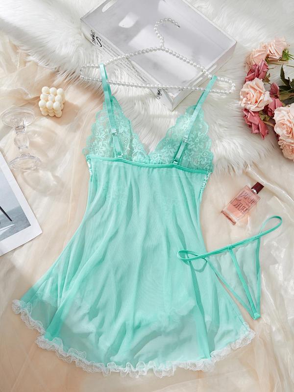 Women's Contrast Lace Bow Decor Cami Nightdress with Thong, Night Gown for Women, Romantic Sleep Dress, Spaghetti Strap Backless V Neck Asymmetrical Nightgown, Ladies Sleepwear for All Seasons, Night Dress Sleepwear