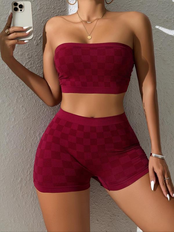 Two-Piece Set Women's Plaid Print Bandeau Bra & High Waist Boyshorts Set, Casual Comfy Breathable Two-piece Lingerie Set for Daily Wear, Underwear Set for Women