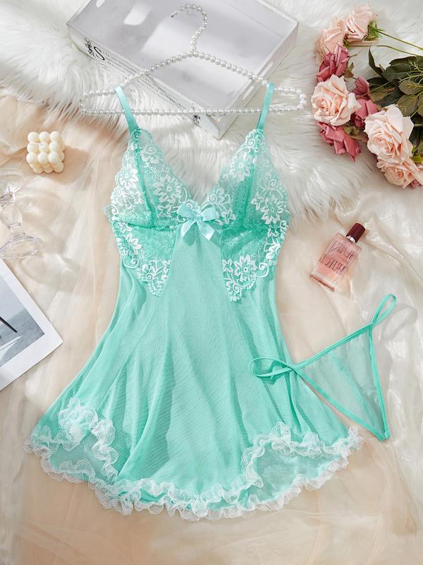 Women's Contrast Lace Bow Decor Cami Nightdress with Thong, Night Gown for Women, Romantic Sleep Dress, Spaghetti Strap Backless V Neck Asymmetrical Nightgown, Ladies Sleepwear for All Seasons, Night Dress Sleepwear