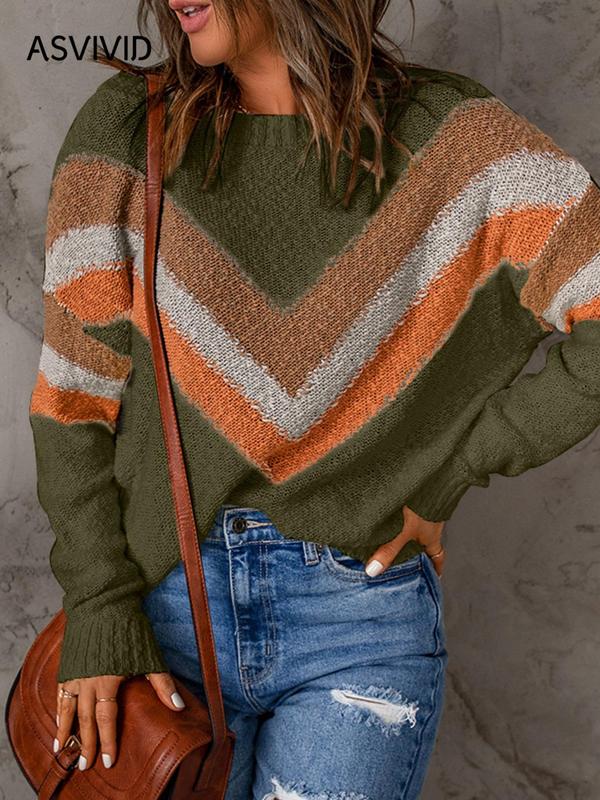 Women's Chevron Print Drop Shoulder Sweater, Casual Long Sleeve Round Neck Jumper for Fall & Winter, Sweaters for Women, Fashion Ladies' Knitwear for Daily Wear