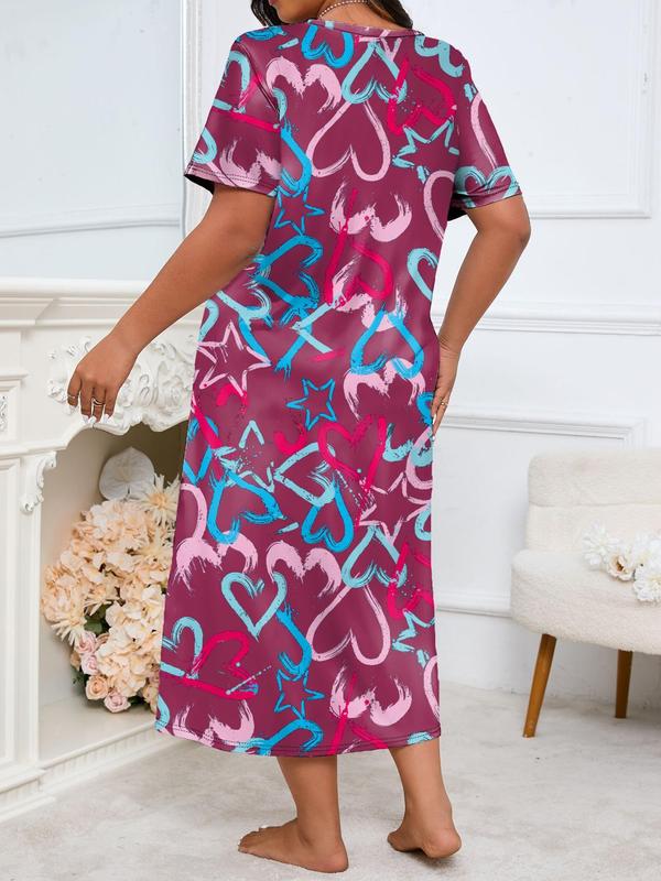  Star & Heart Print Round Neck Lounge Dress, Casual Short Sleeve Crew Neck Nightdress for Women, Women's Sleepwear for Spring & Fall