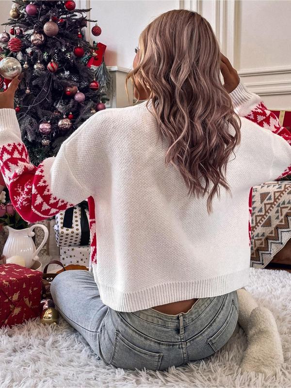 Women's Christmas Letter Print Drop Shoulder Sweater, Casual Long Sleeve Round Neck Jumper for Fall & Winter, Ladies' Knitwear for Daily Wear