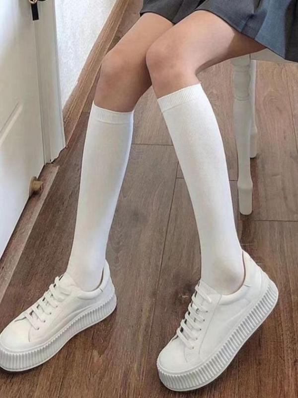 Women's Solid Basic Preppy Over The Calf Socks, 1 Pair Fashion Casual Comfy Socks for Daily Outdoor Wear, Women Socks for All Seasons, Womenswear
