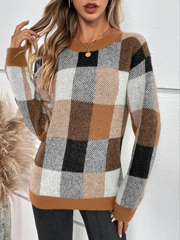 Women's Colorblock Plaid Print Drop Shoulder Sweater, Casual Long Sleeve Round Neck Jumper for Fall & Winter, Fashion Ladies' Knitwear for Daily Wear