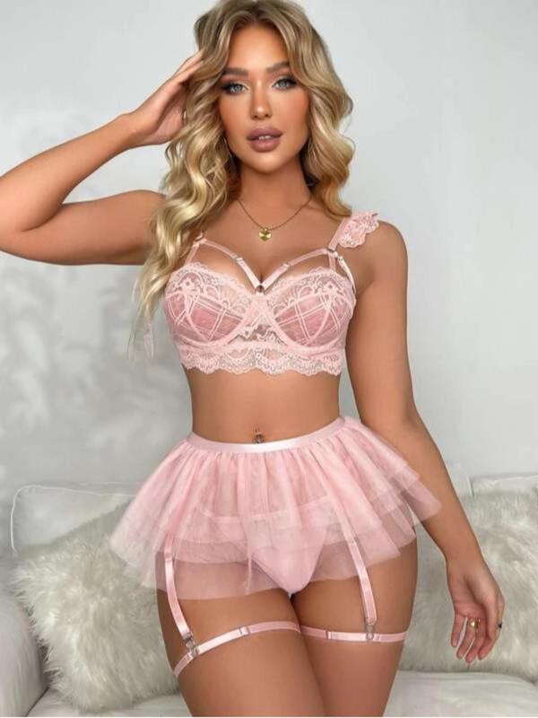 Women's Lace Sexy Lingerie Three-piece Set, Solid Color Cut Out Bra & Thong & Garter Belt with Thigh Ring, Lingerie Set for Women