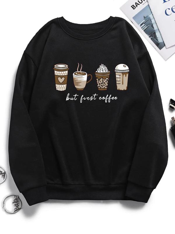 Women's Cartoon Coffee & Cup Print Drop Shoulder Crewneck Sweatshirt, Long-sleeve Round Neck Pullover for Spring & Fall, Women's Black Clothes, Sweatshirts for Women, Comfort Lady Tops, Back To School Outfit