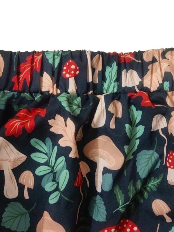 Women's Mushroom & Leaf Print Ruffle Hem A Line Skirt, Casual Elastic Waist Midi Skirt for Spring & Fall, Women's Bottoms for Daily Wear
