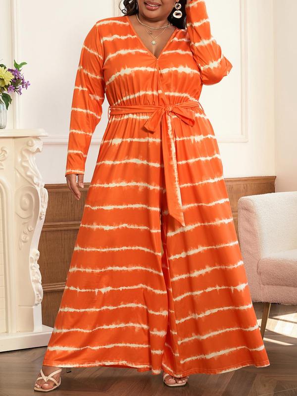 CURVZY Plus Size Striped Print Belted Wide Leg Jumpsuit, Casual Long Sleeve V Neck Jumpsuit for Fall, Women's Clothes for Daily Wear