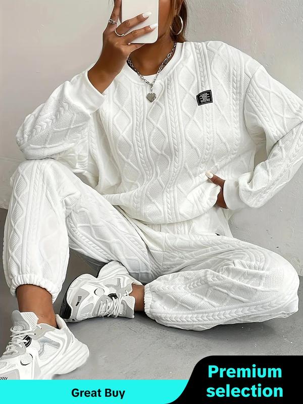 Women's Solid Patched Drop Shoulder Sweatshirt & Elastic Waist Pants Two-piece Set, Casual Fashion Cozy Round Neck Long Sleeve Pullover & Trousers for Daily Wear, Ladies Two-piece Outfits for Fall & Winter