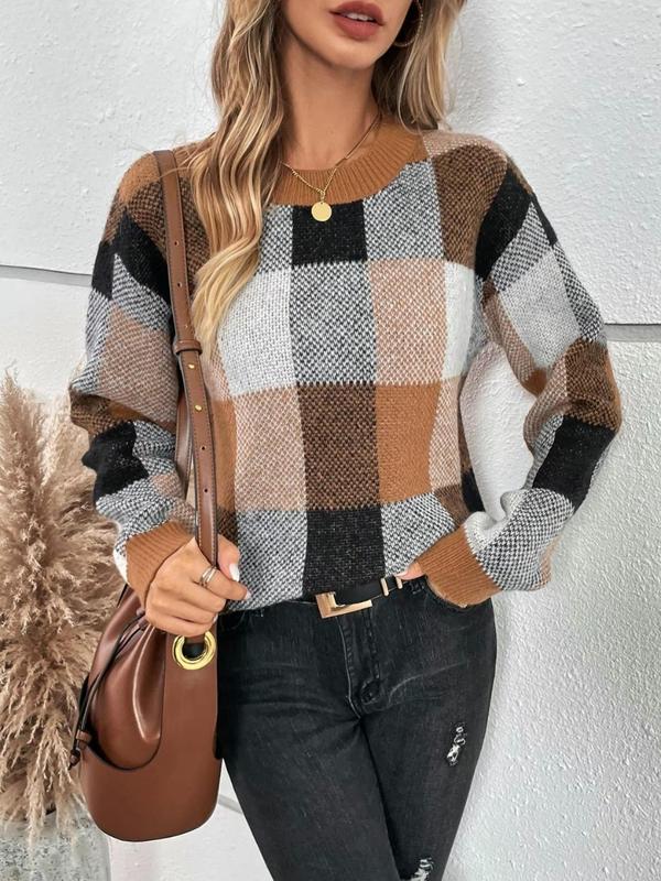 Women's Colorblock Plaid Print Drop Shoulder Sweater, Casual Long Sleeve Round Neck Jumper for Fall & Winter, Fashion Ladies' Knitwear for Daily Wear