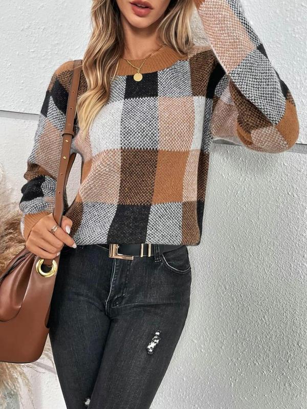 Women's Colorblock Plaid Print Drop Shoulder Sweater, Casual Long Sleeve Round Neck Jumper for Fall & Winter, Fashion Ladies' Knitwear for Daily Wear